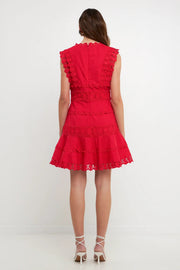 Plunging Neck Lace Trim Mini Dress English Factory
