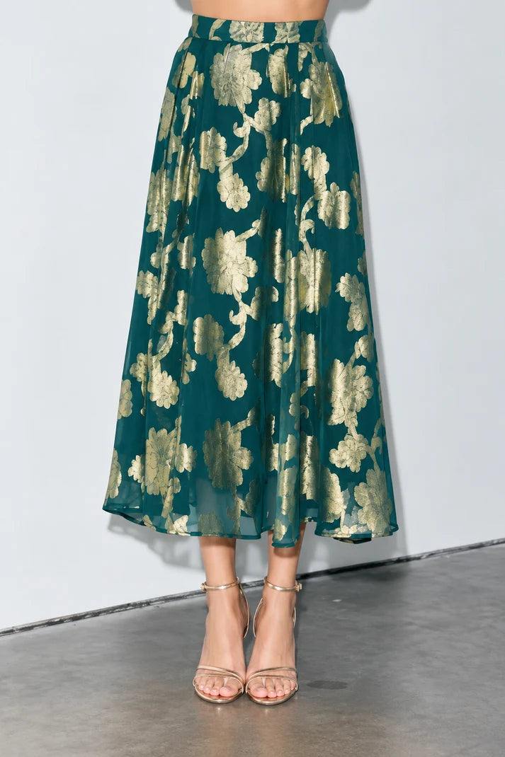 Darana Metallic Jacquard Chiffon Midi Skirt Ciebon