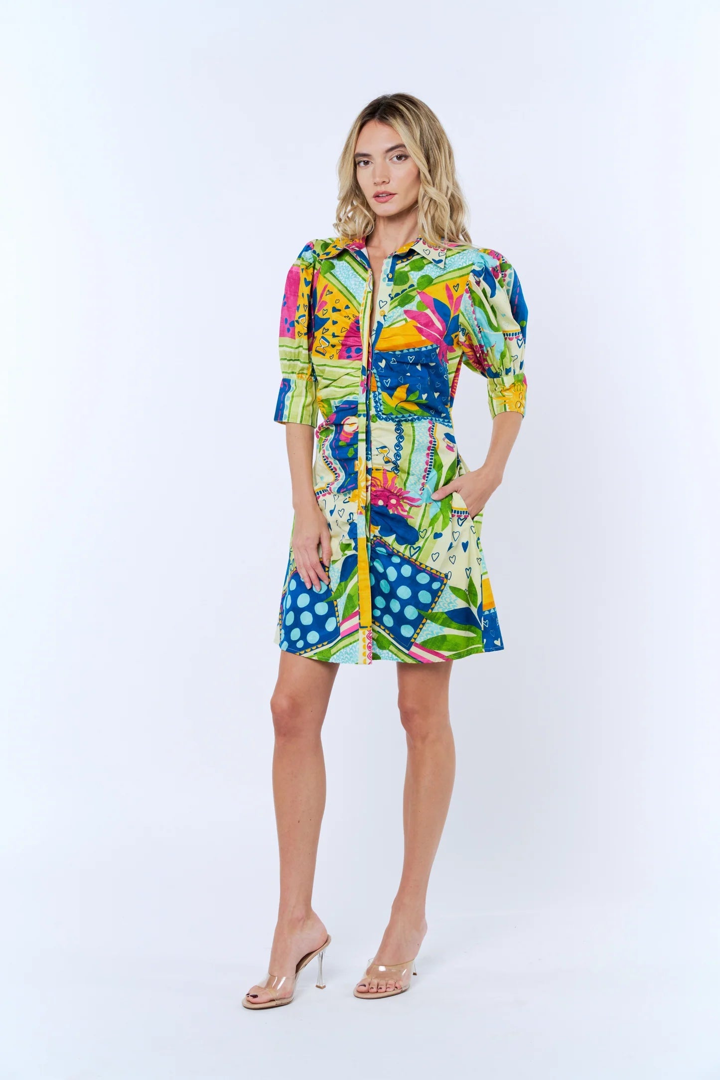 Stormi Abstract Print Puff Sleeve Mini Shirt Dress Ciebon