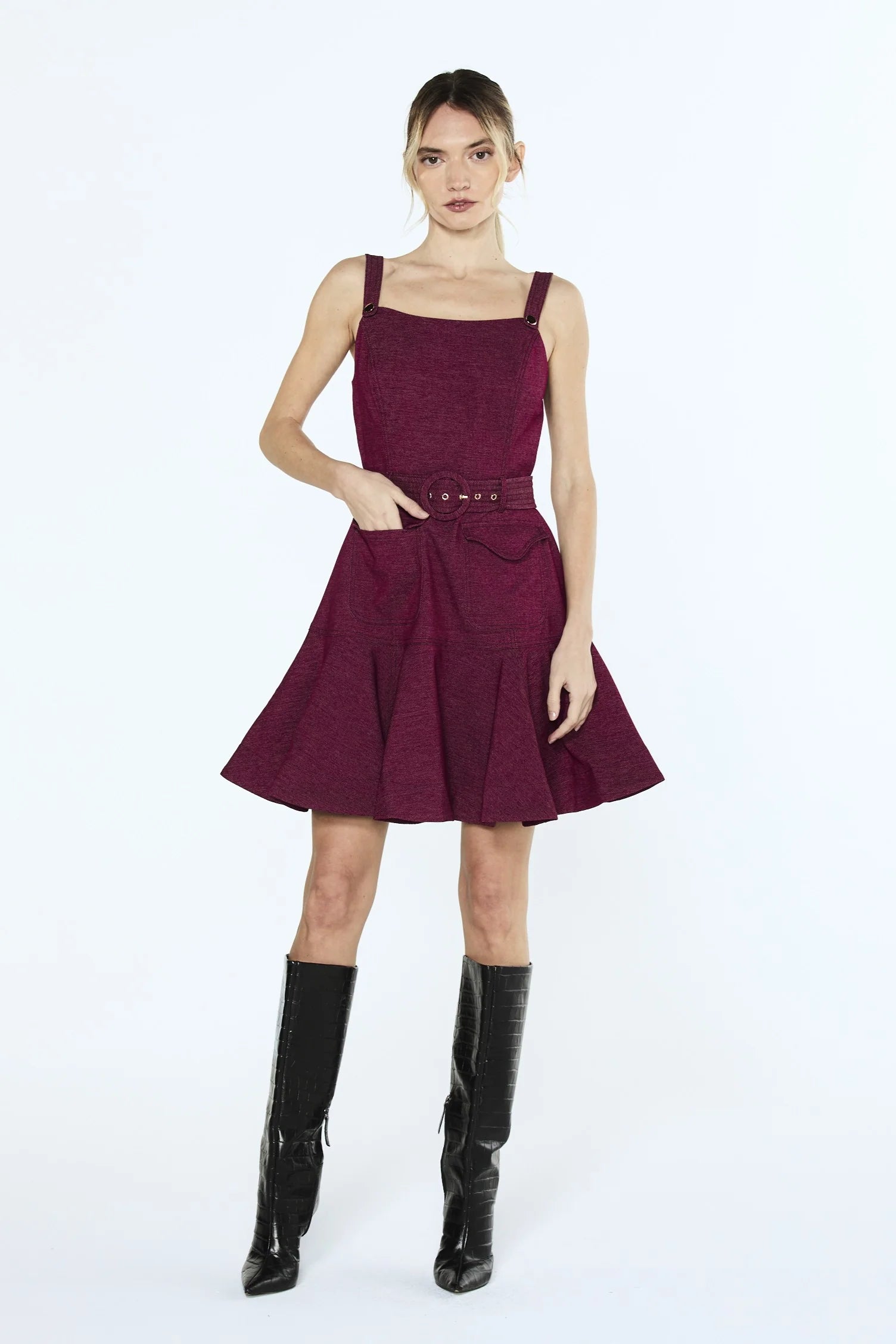 Alivia Topstitched Belted Mini Dress Ciebon