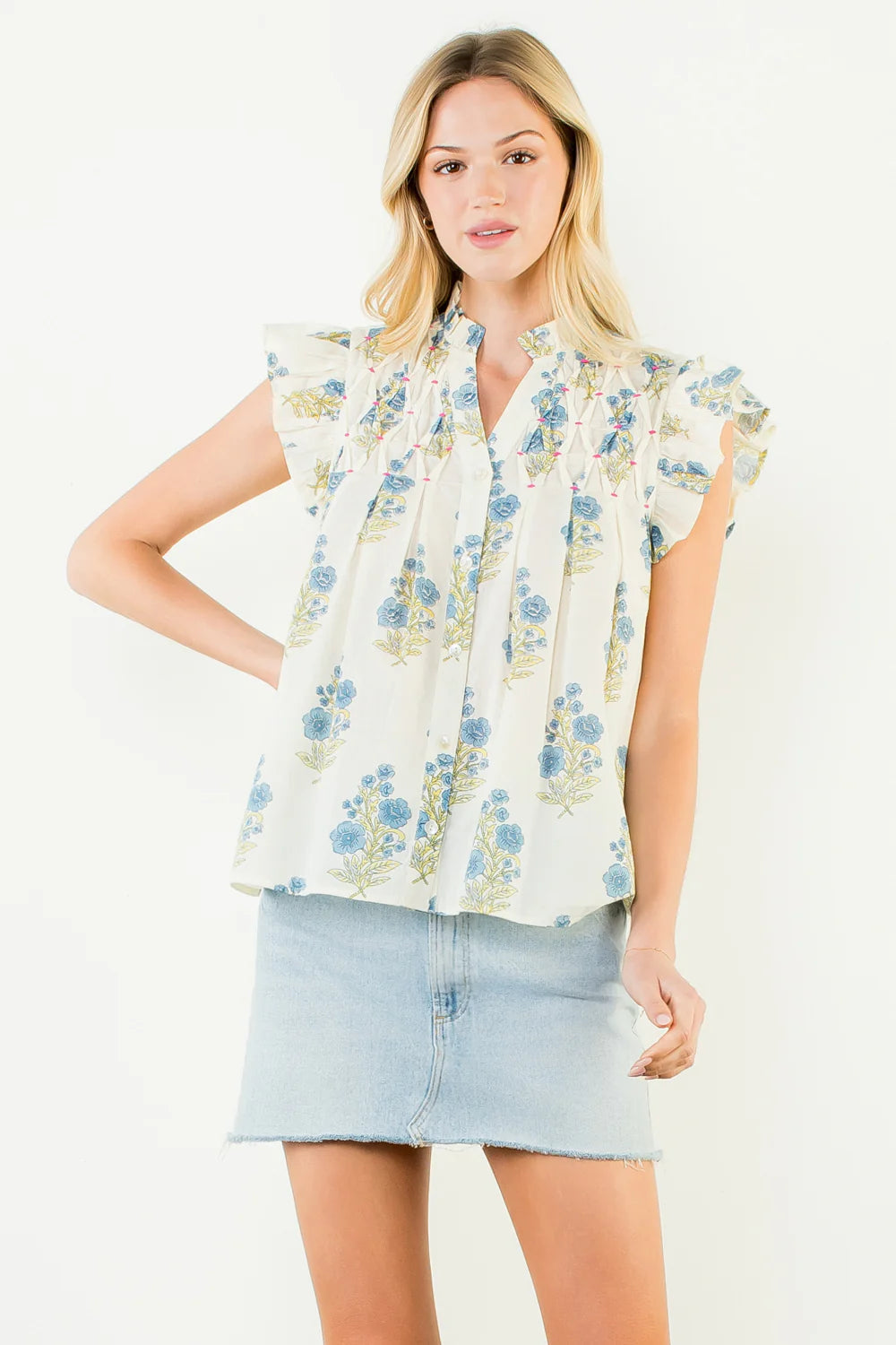 Roxanne Flutter Sleeve Floral Detail Button Up Top THML
