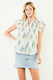 Roxanne Flutter Sleeve Floral Detail Button Up Top THML