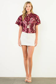 Short Sleeve Print Tie Tassel Top THML