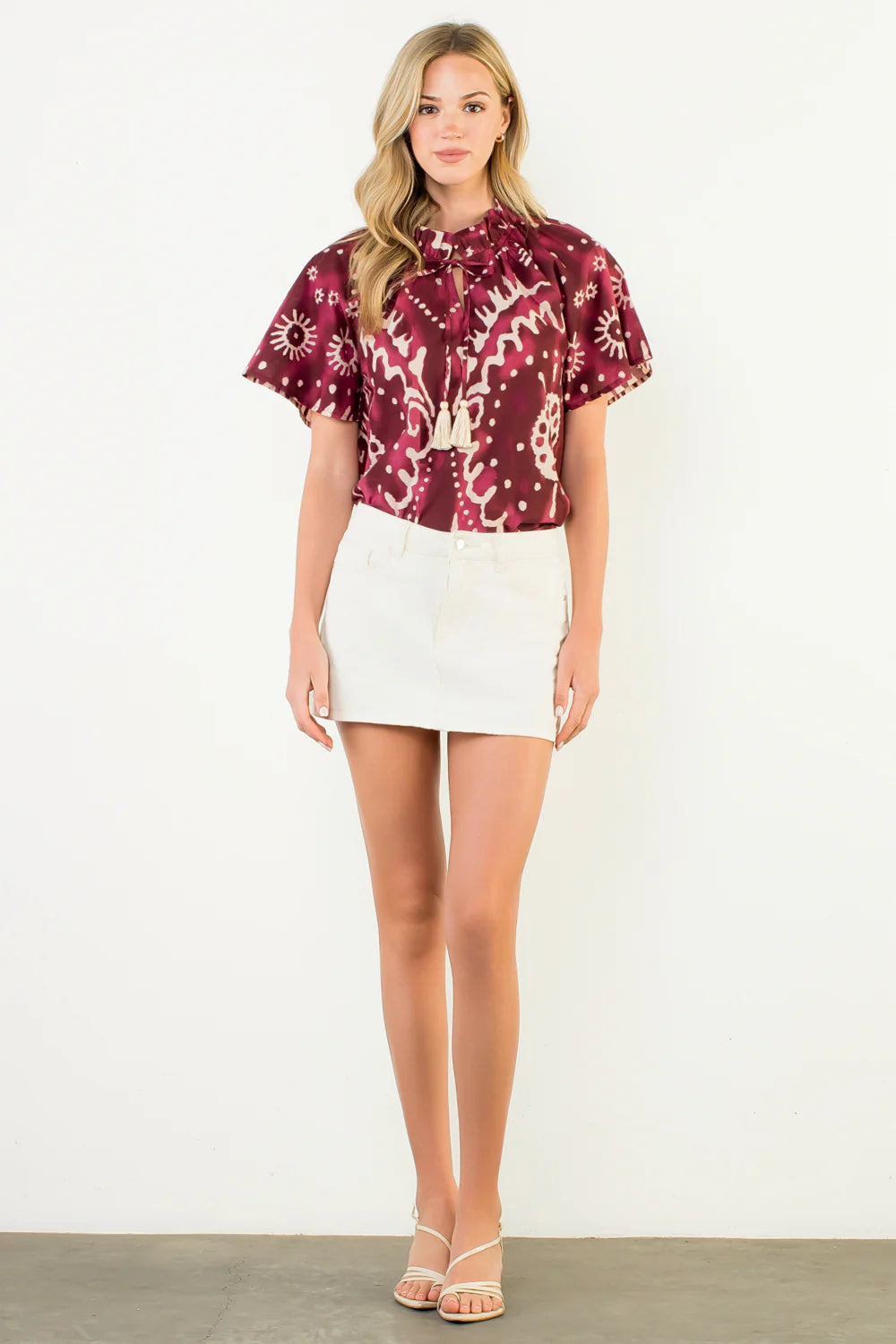 Short Sleeve Print Tie Tassel Top THML