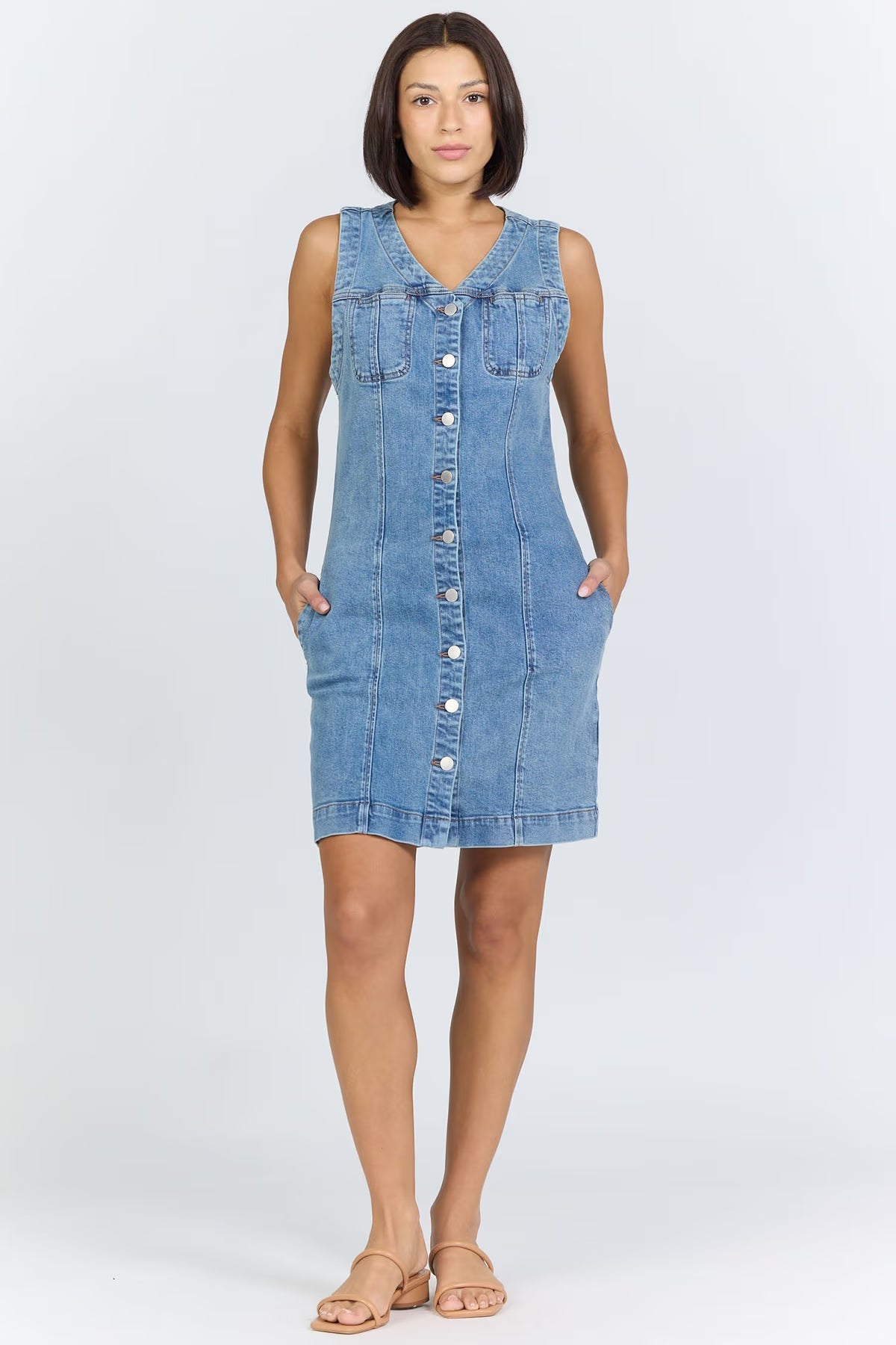 Zamira V-Neck Sleeveless Denim Dress Dear John