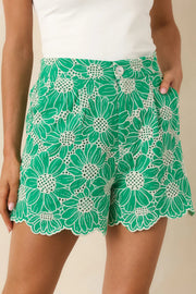 Look At You Green Cotton Floral Embroidered Shorts Entro