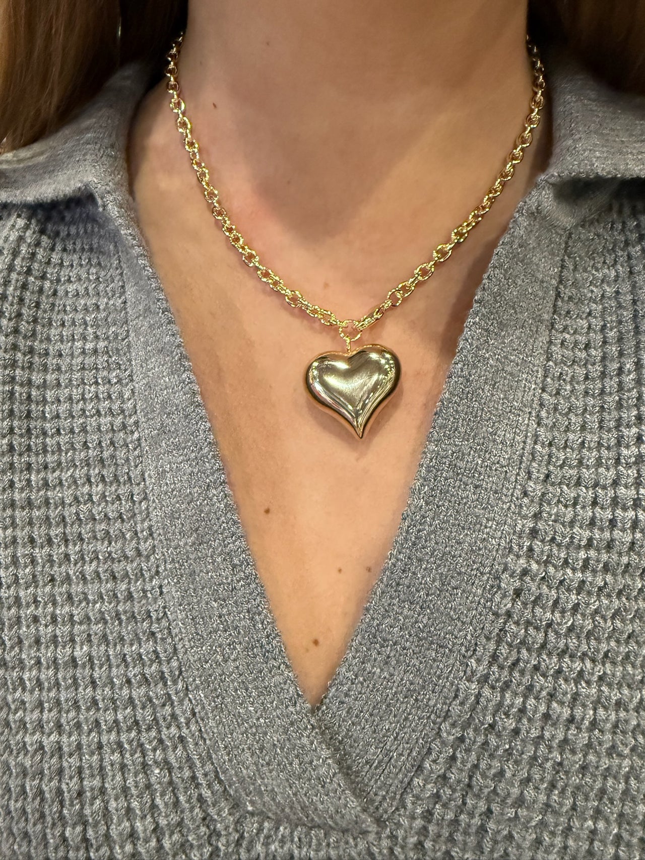 Gold Puff Heart Necklace Chunky Chain