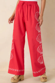 Seashell Embroidered Elastic Waistband Pants Fate