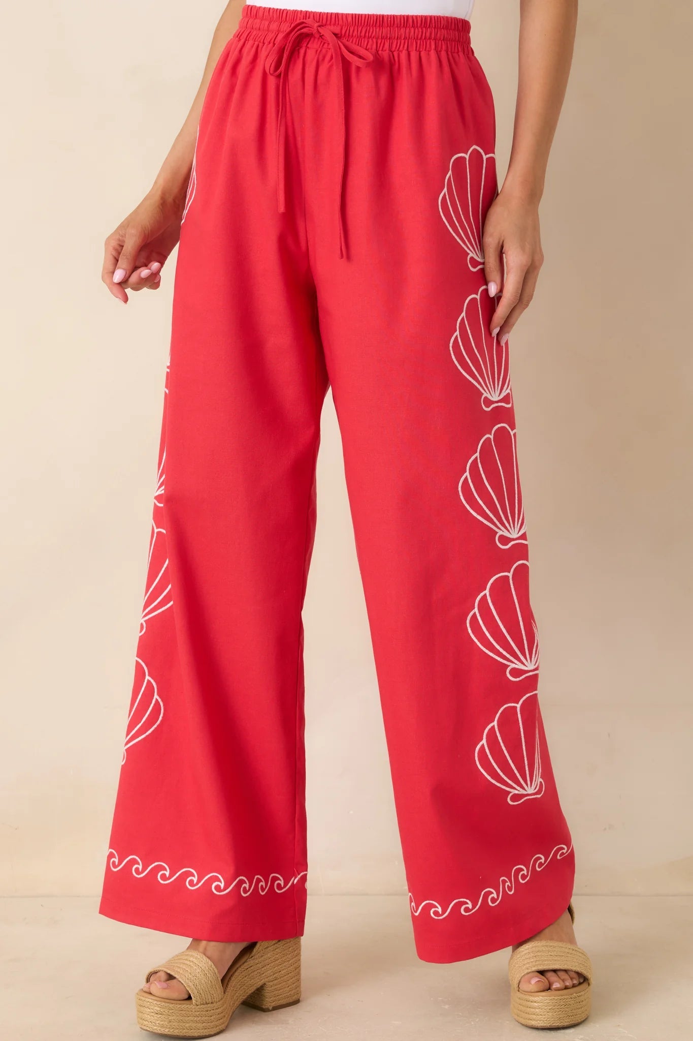Seashell Embroidered Elastic Waistband Pants Fate