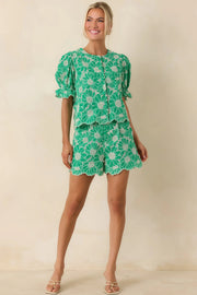 Look At You Green Cotton Floral Embroidered Shorts Entro