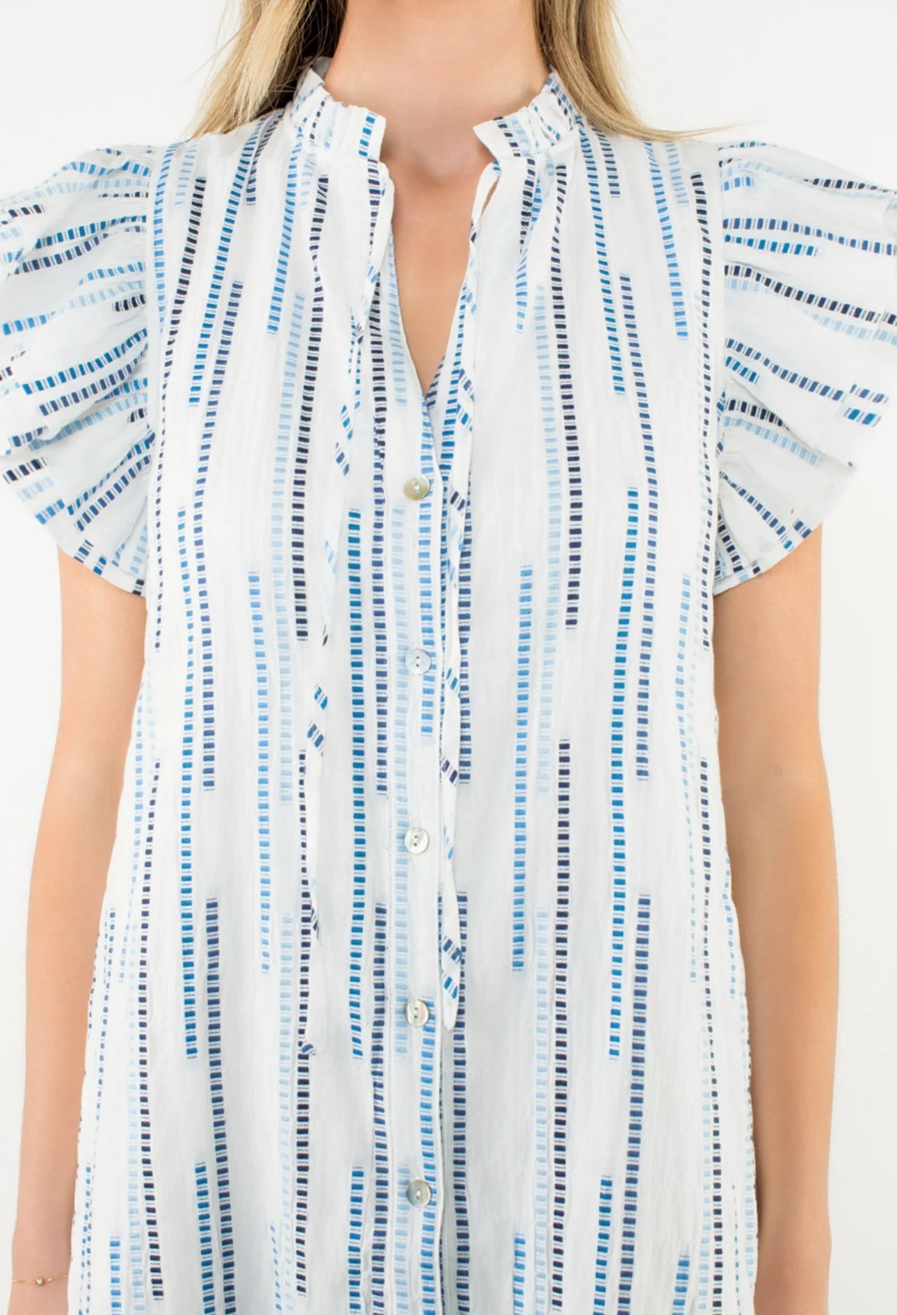 Emiliana Flutter Sleeve Button Up Embroidered Dress THML