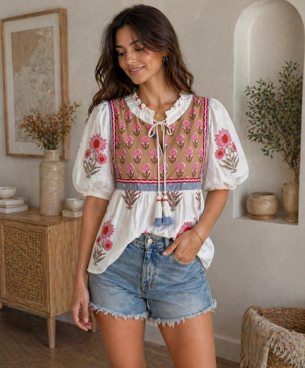 Puff Sleeve Floral Pattern Tassel Top THML