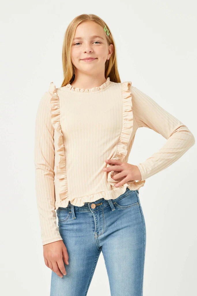 Girls Ruffle Detailed Ribbed Long Sleeve Tee