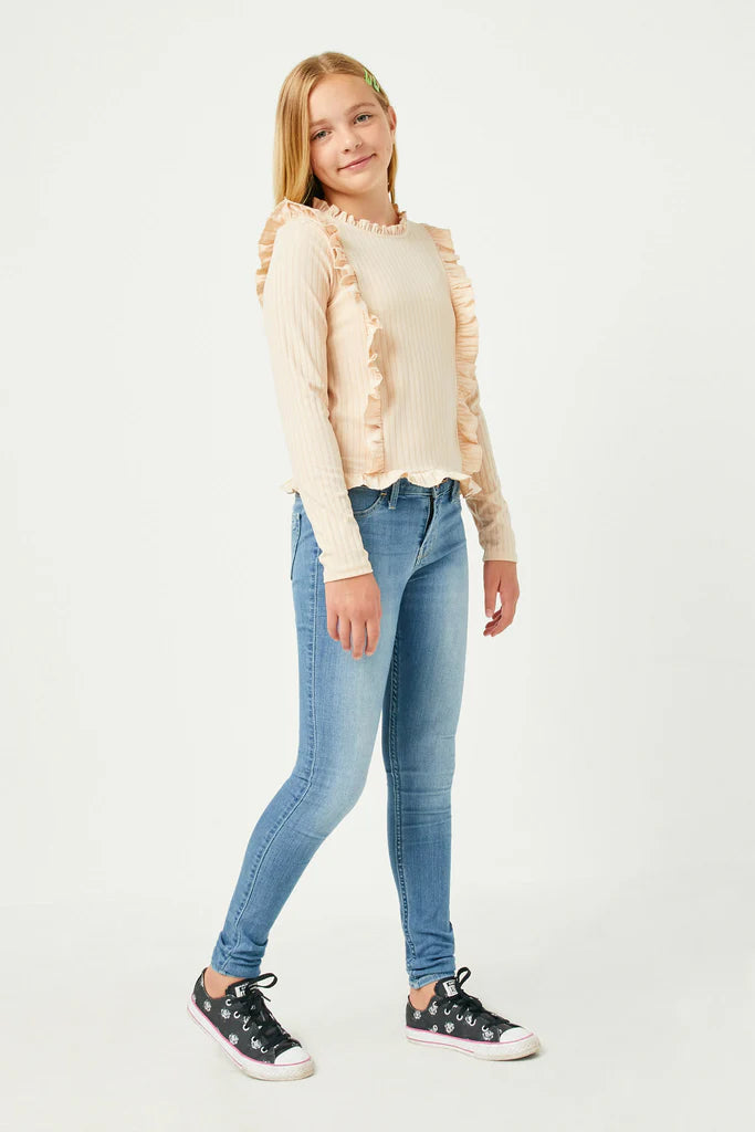 Girls Ruffle Detailed Ribbed Long Sleeve Tee