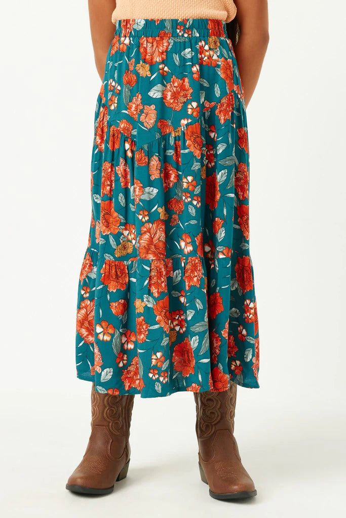 Floral Elastic Waist Midi Skirt