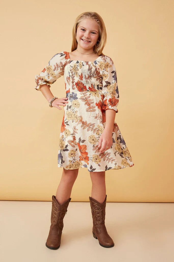 Girl's Textured Floral Smocked Square Neck Dress