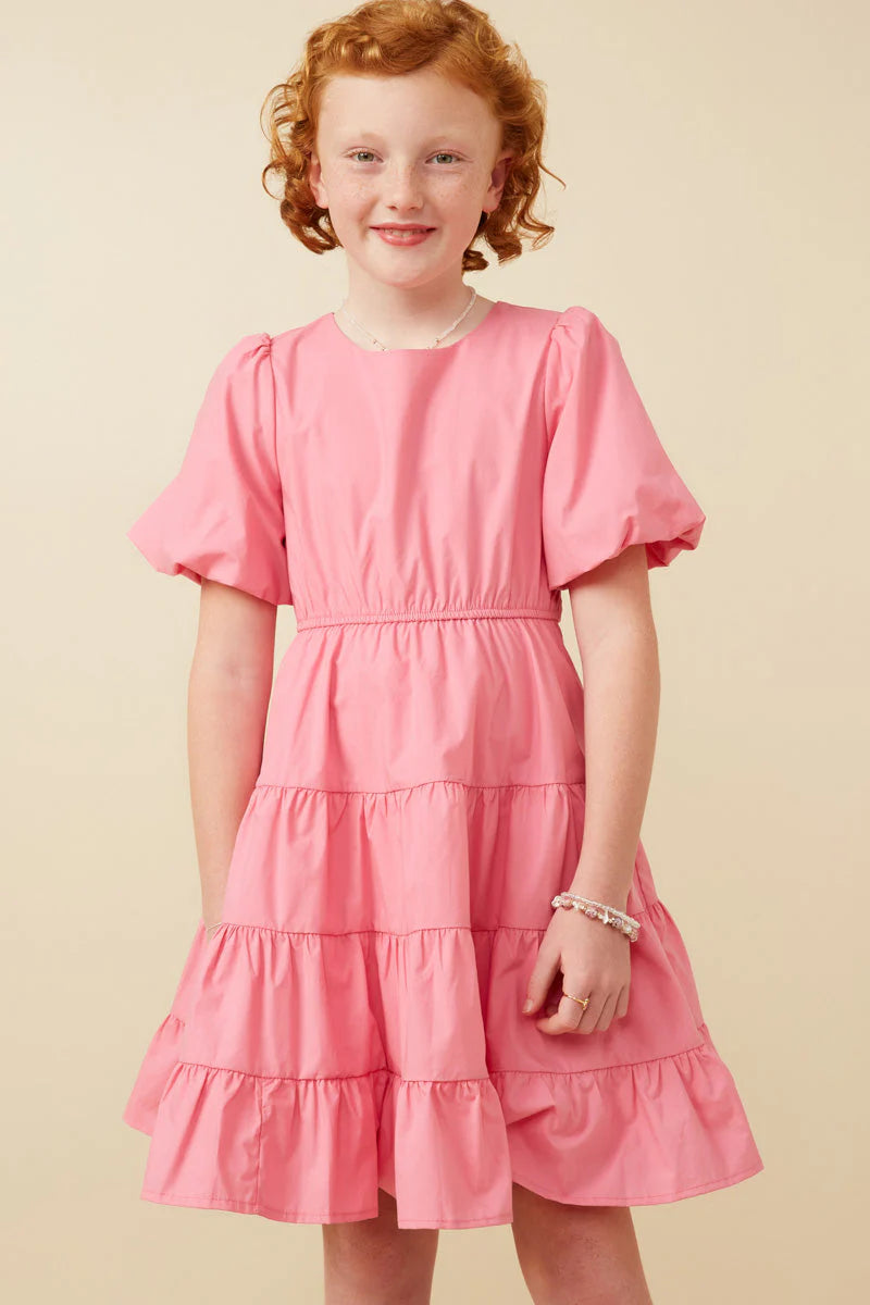 Girl's Bow Back Puff Sleeve Poplin Dress