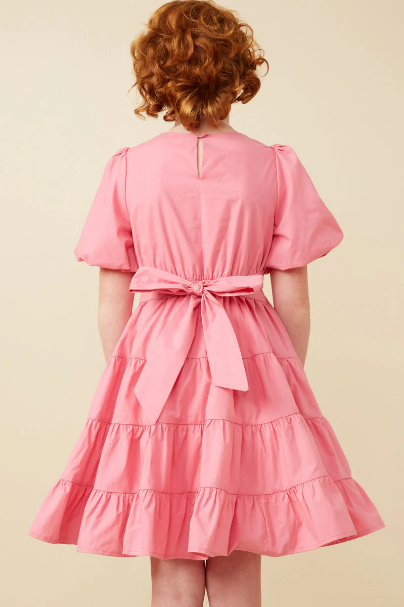 Girl's Bow Back Puff Sleeve Poplin Dress