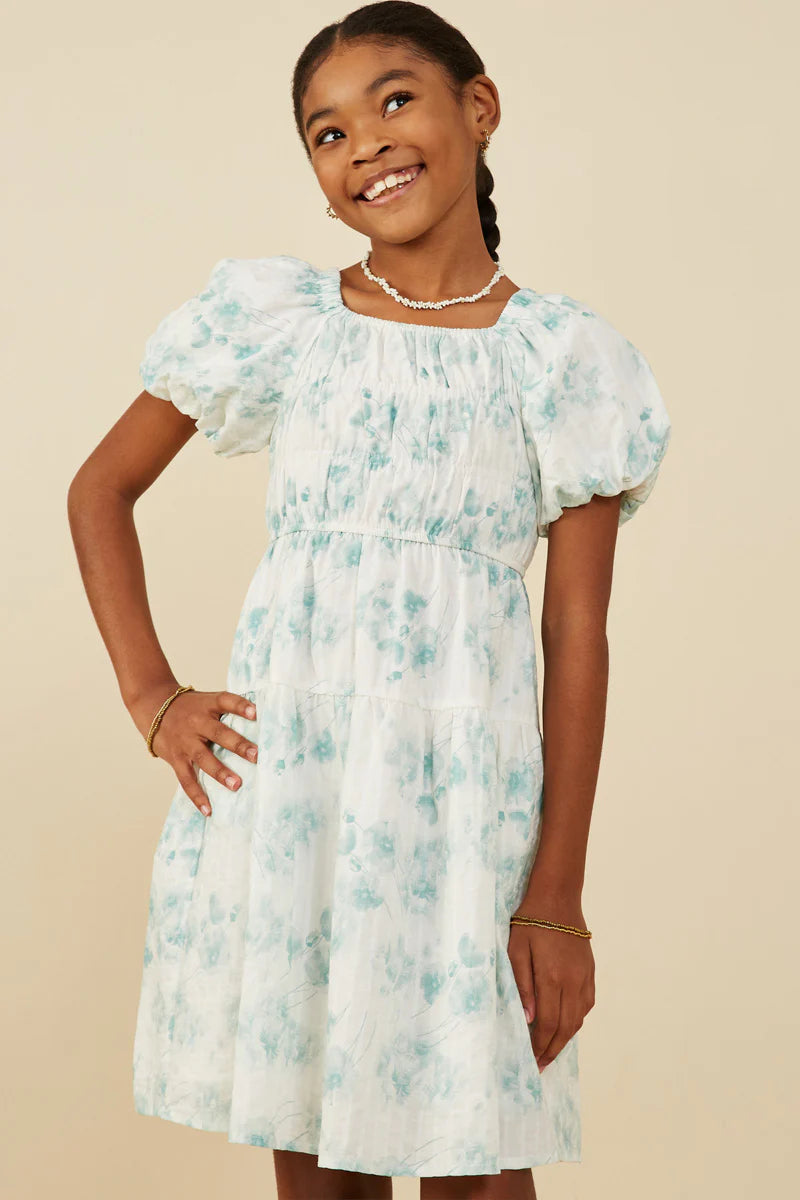 Girl's Textured Floral Puff Sleeve Self Tie Dress Hayden