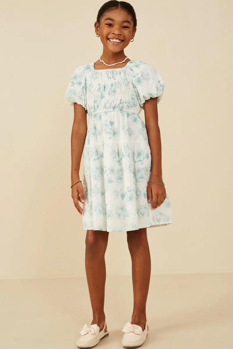 Girl's Textured Floral Puff Sleeve Self Tie Dress Hayden