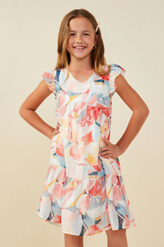 Girls V-Neck Ruffle Large Floral Print Dress