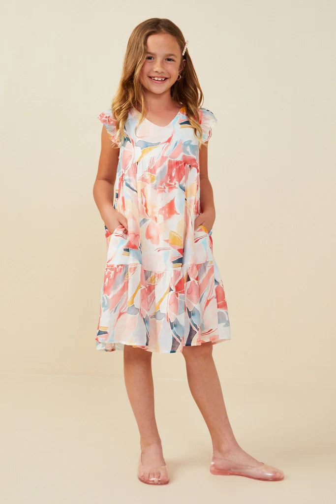 Girls V-Neck Ruffle Large Floral Print Dress