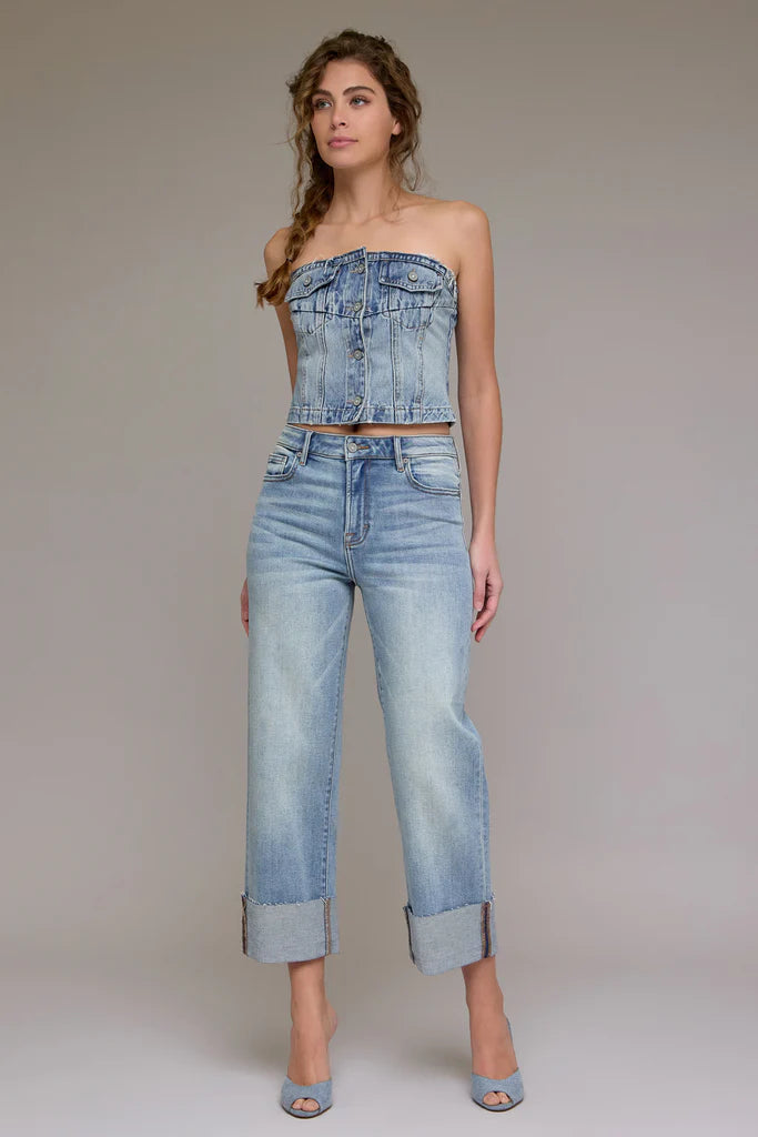 Vintage Wash High Rise Cuffed Wide Straight Hidden Jeans
