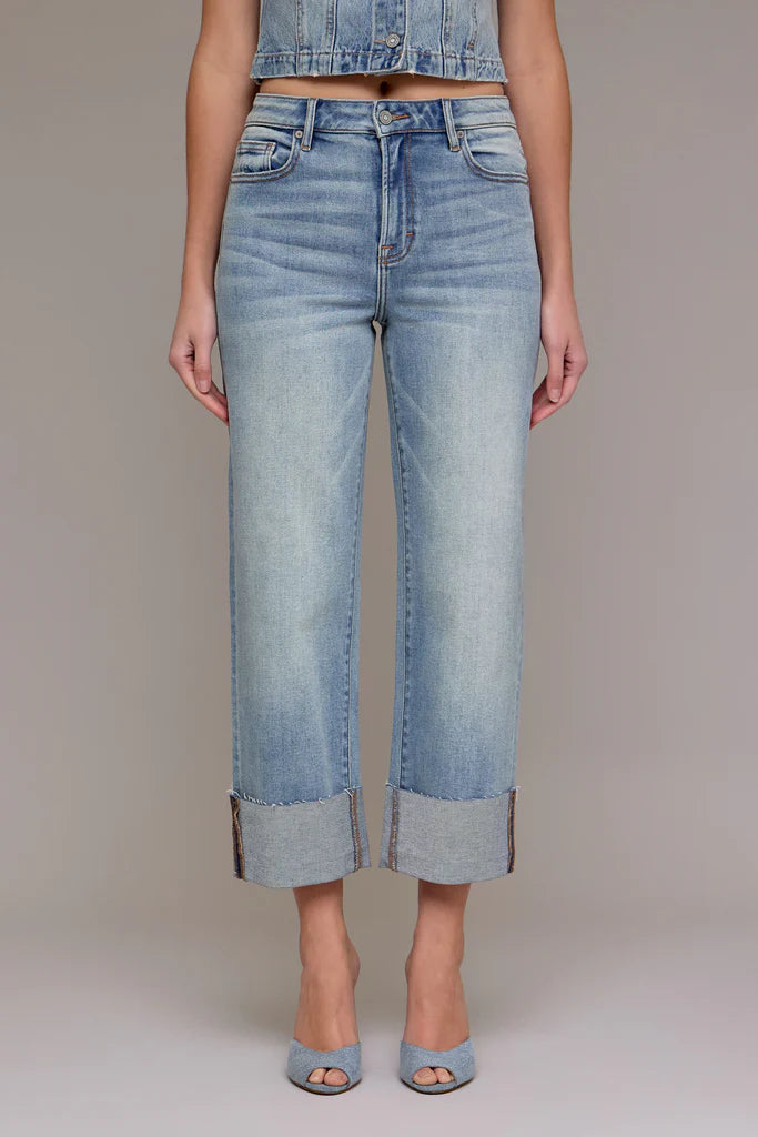 Vintage Wash High Rise Cuffed Wide Straight Hidden Jeans