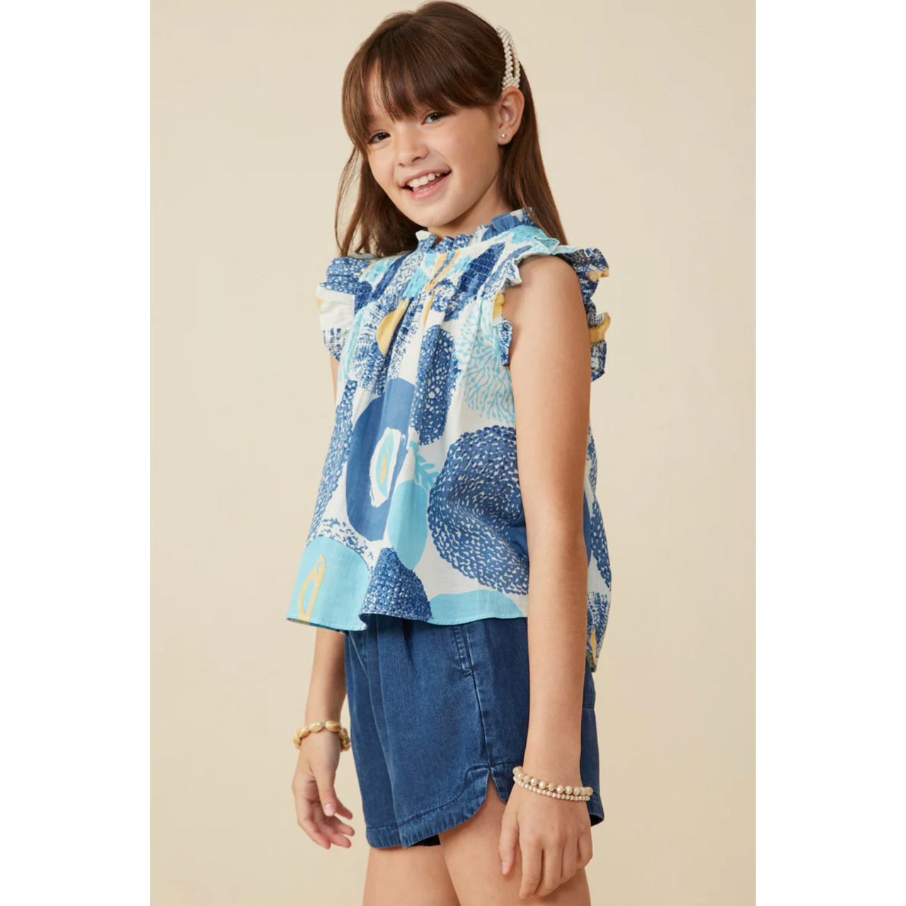 Girls Abstract Smocked Cotton Linen Tank Hayden