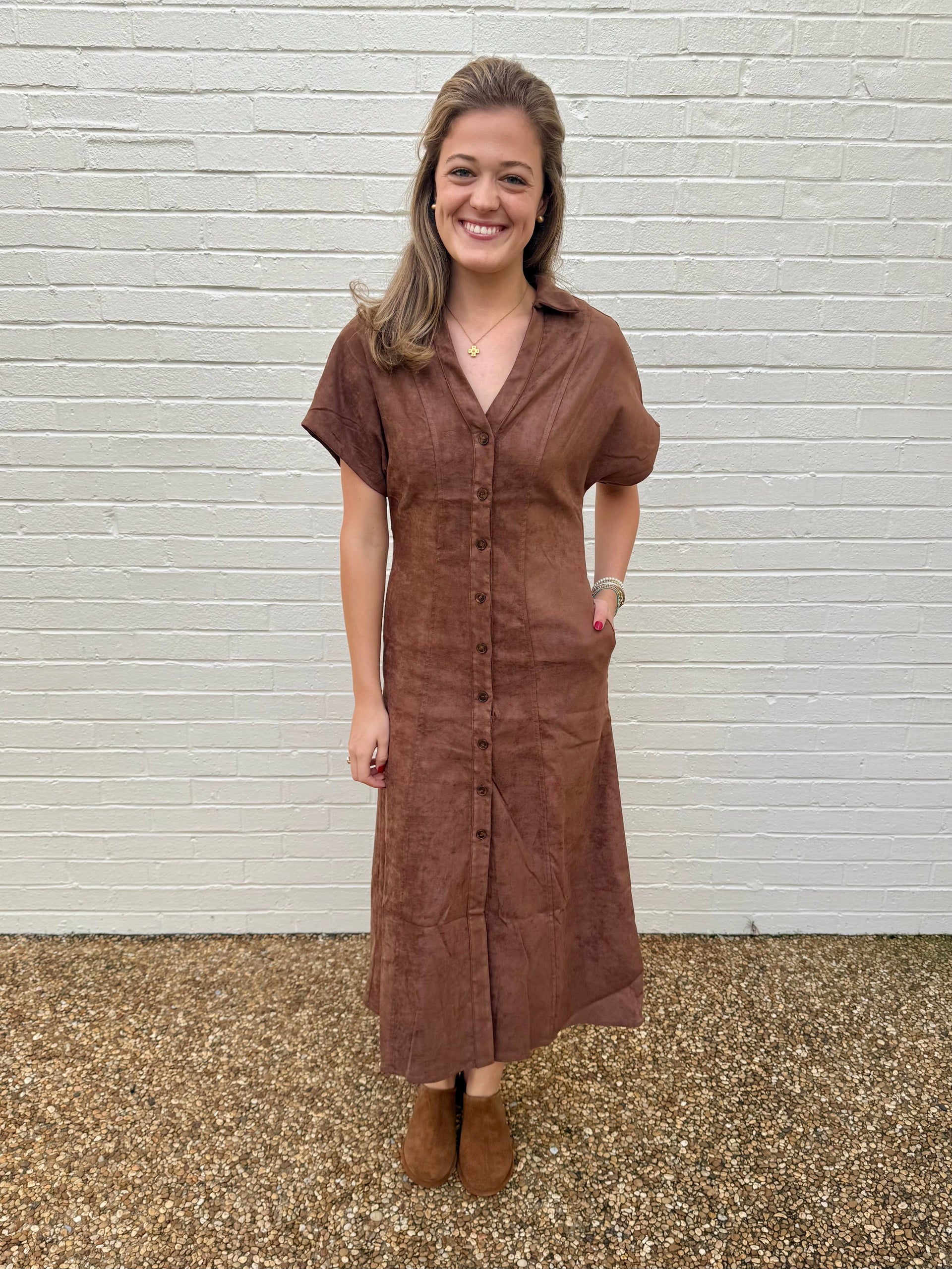 Short Sleeve Vegan Suede Chocolate Dress THML