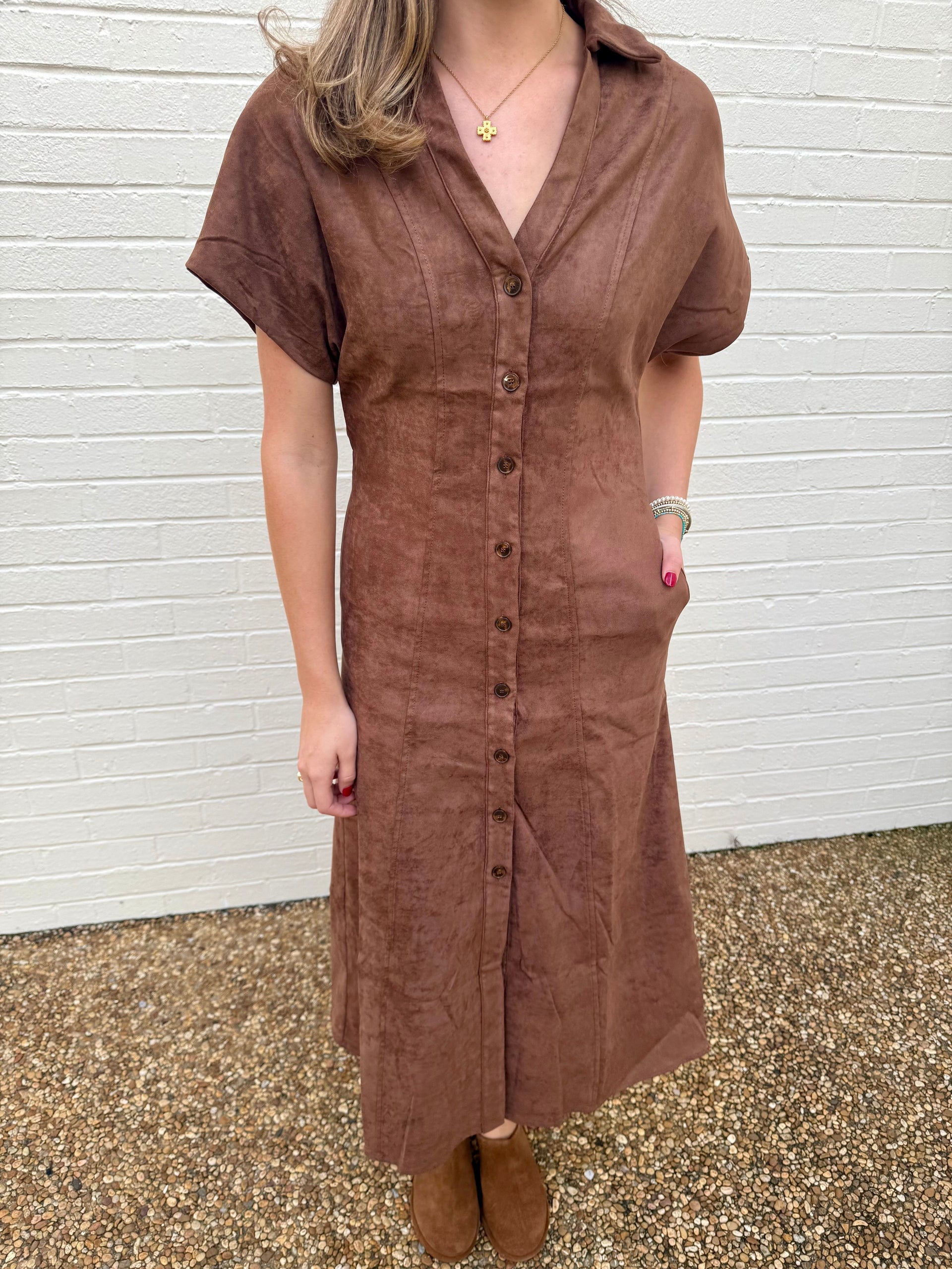 Short Sleeve Vegan Suede Chocolate Dress THML