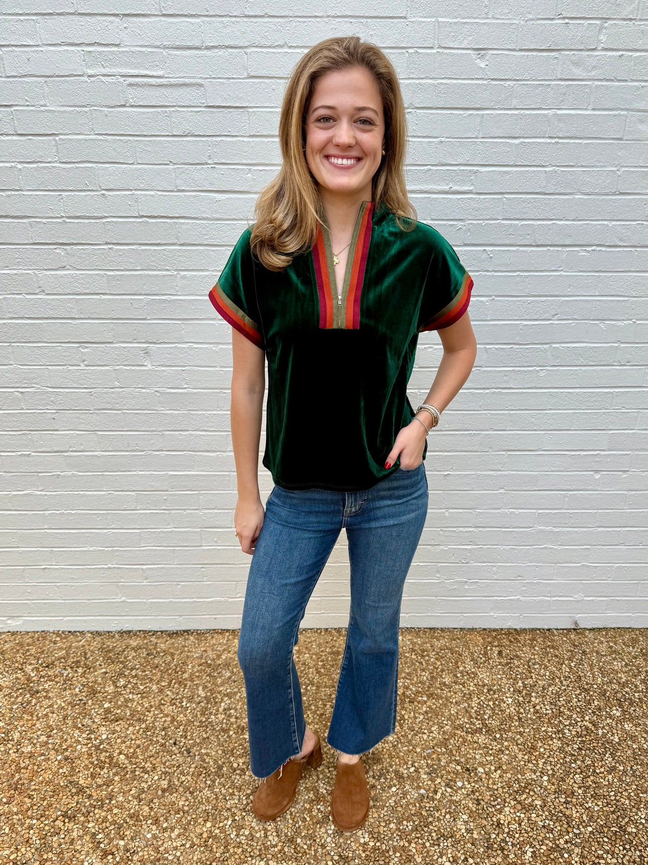 Short Sleeve Half Zip Suede Top THML