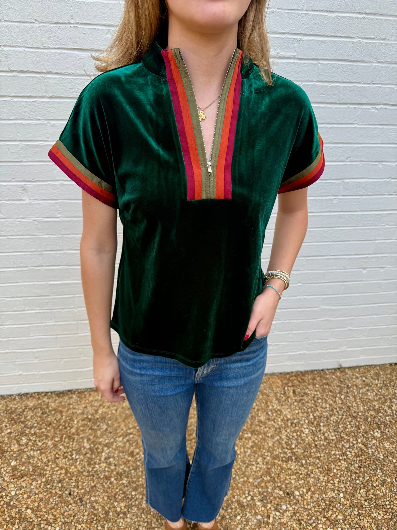 Short Sleeve Half Zip Suede Top THML