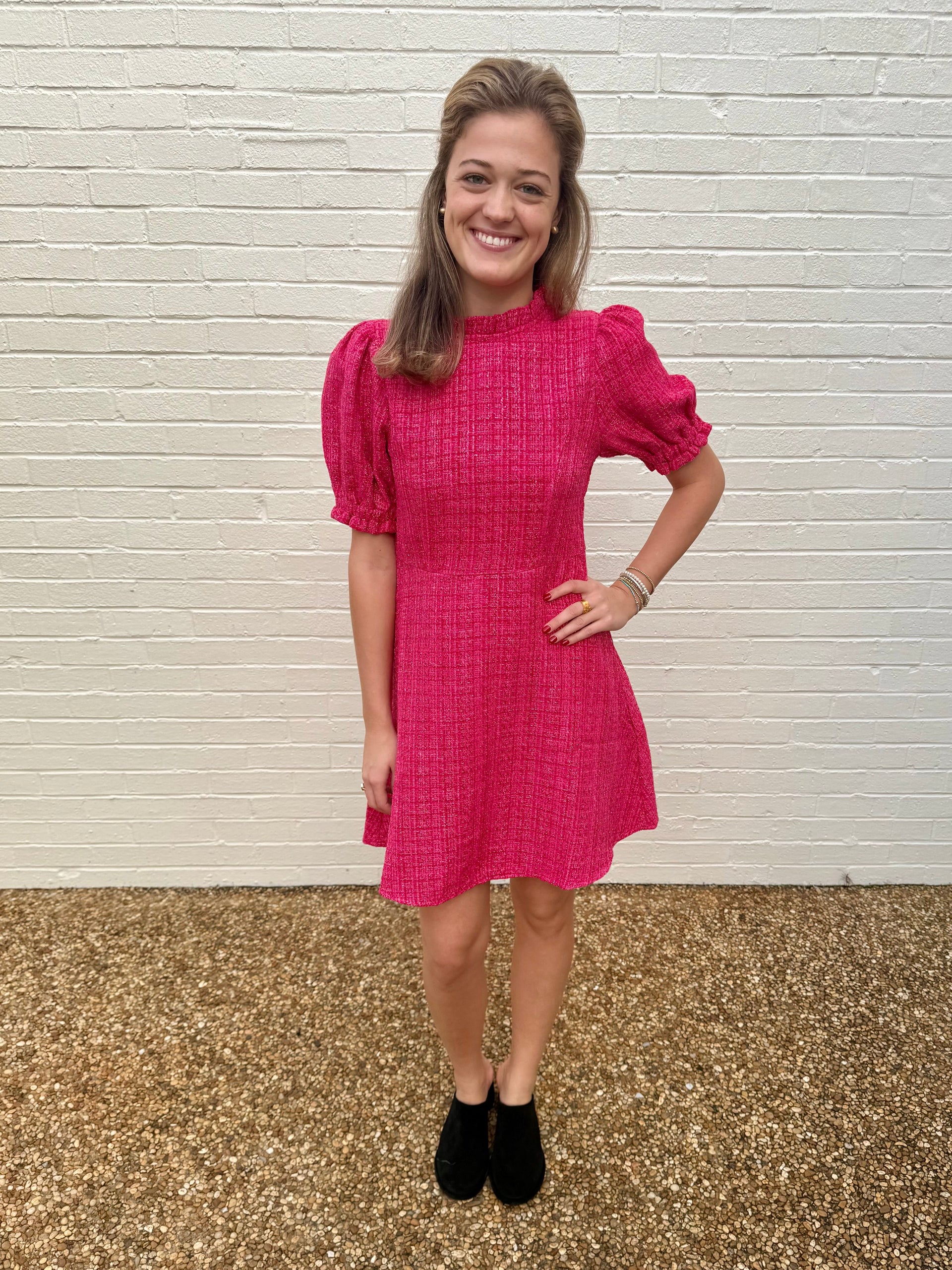 Puff Sleeve Tweed Knit Dress - Pink / S Puff Sleeve Tweed Knit Dress - Pink / S