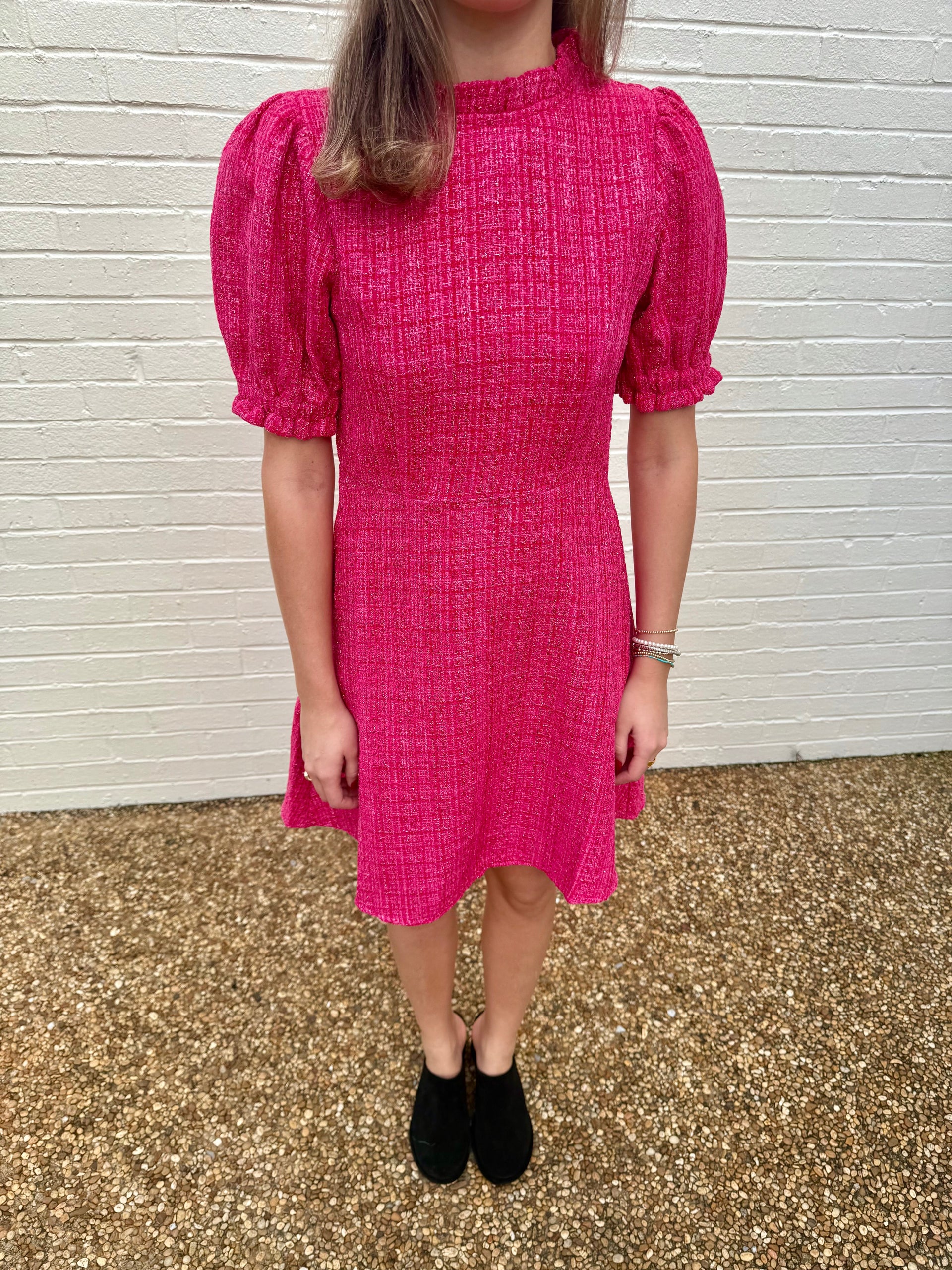 Puff Sleeve Tweed Knit Dress THML