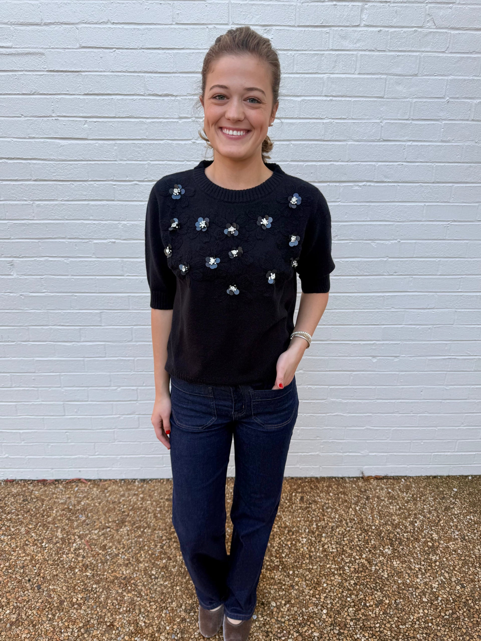 Black Embellished Short Sleeve Sweater Astrid