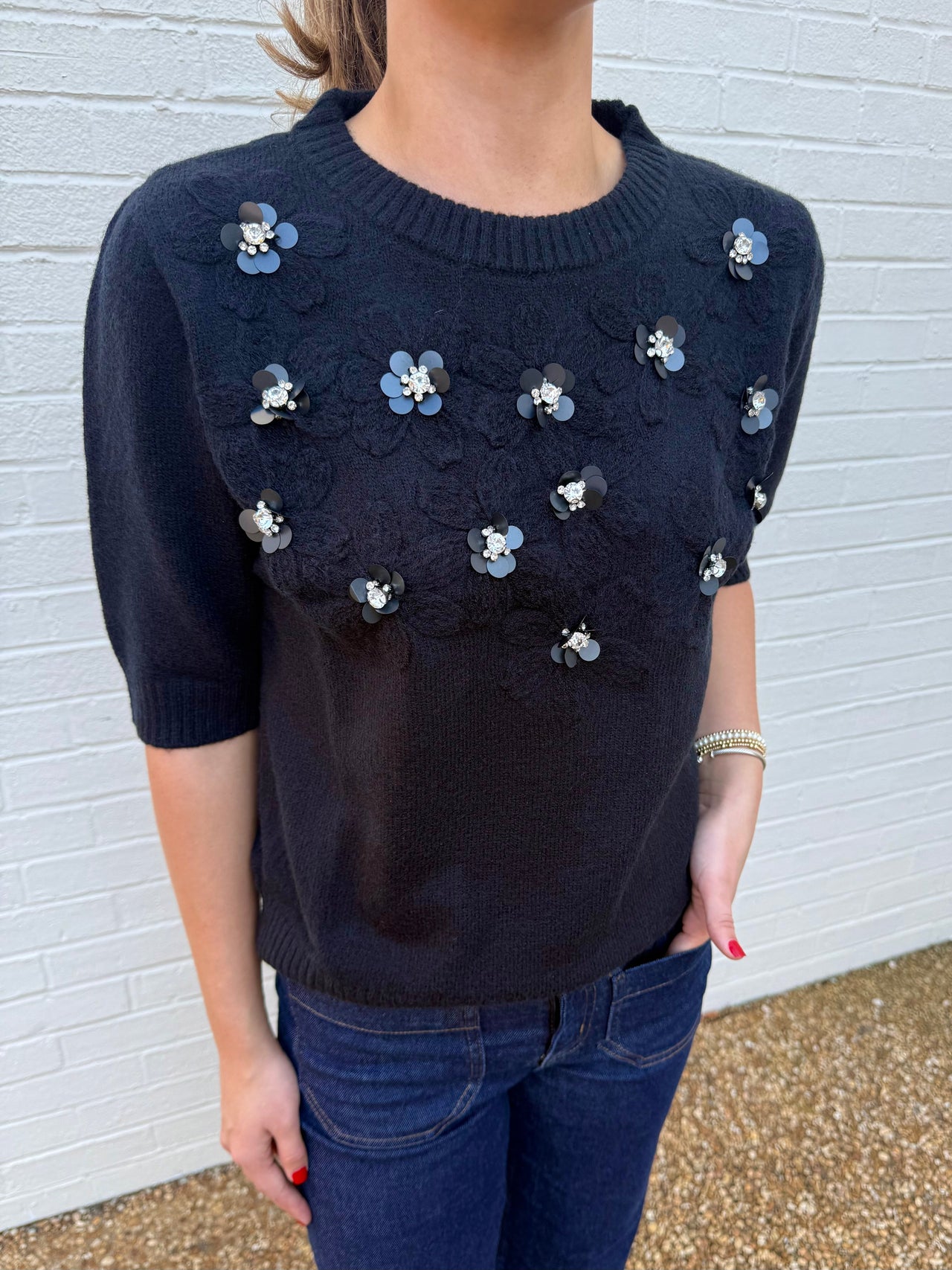 Black Embellished Short Sleeve Sweater Astrid