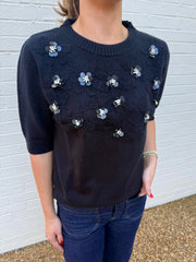 Black Embellished Short Sleeve Sweater Astrid