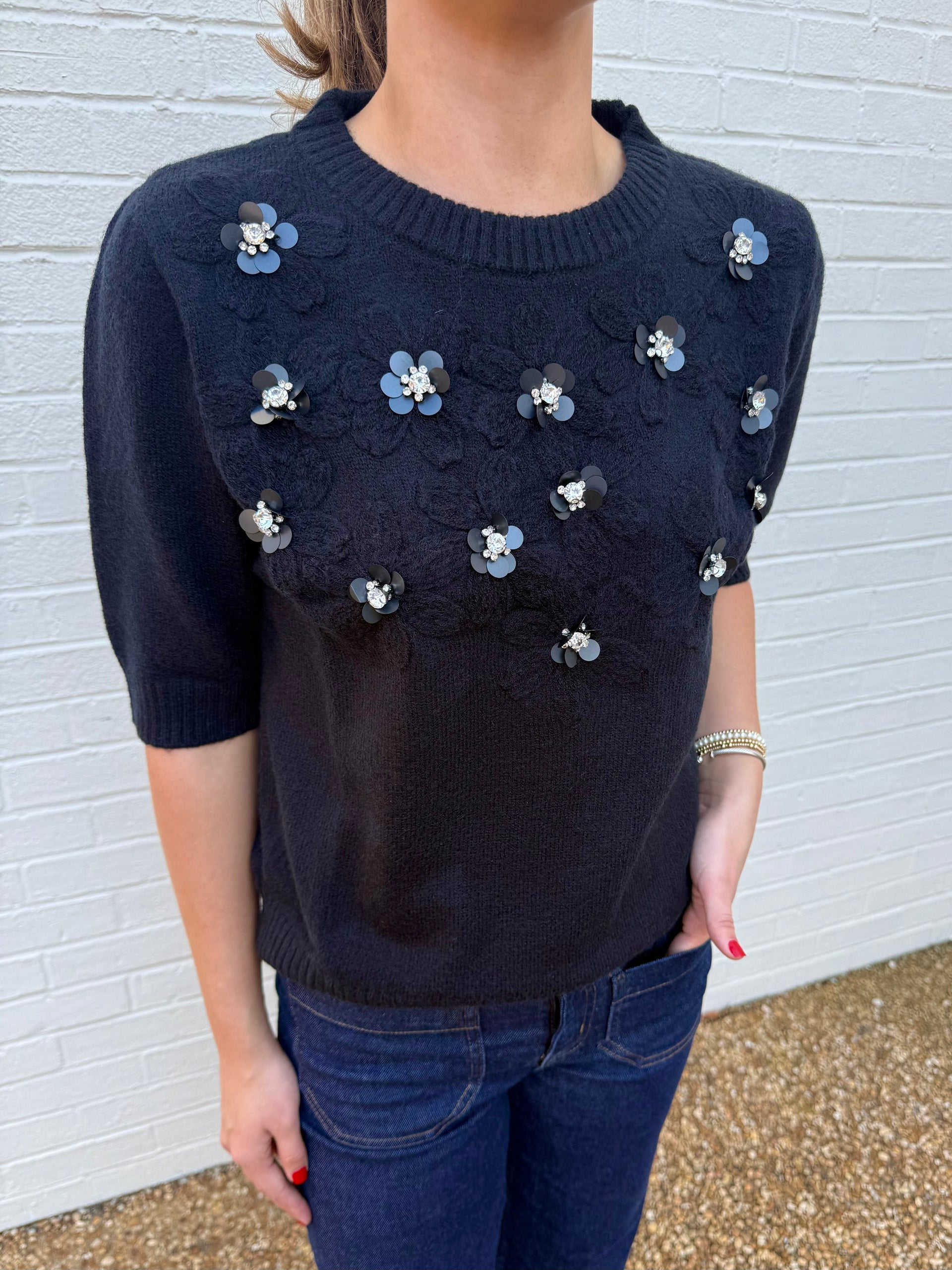 Black Embellished Short Sleeve Sweater Astrid