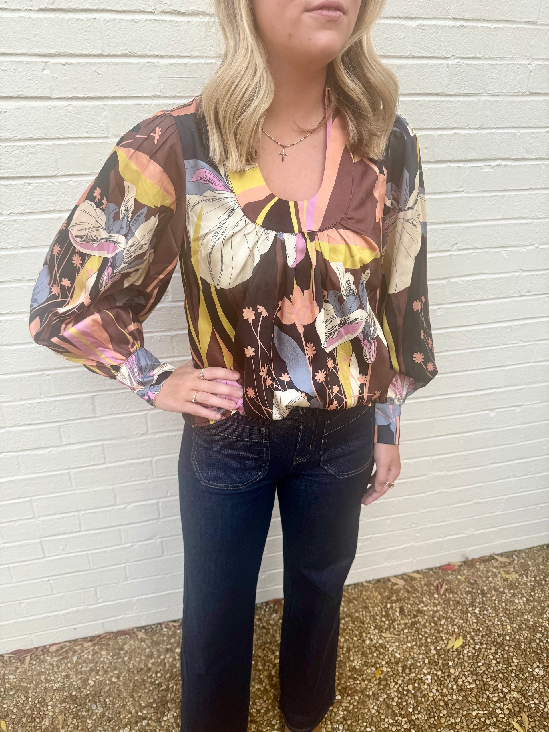 Printed Collar Keyhole Top Ciebon