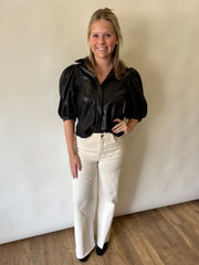 Coated Button Down Puff Sleeve Shirt Glam