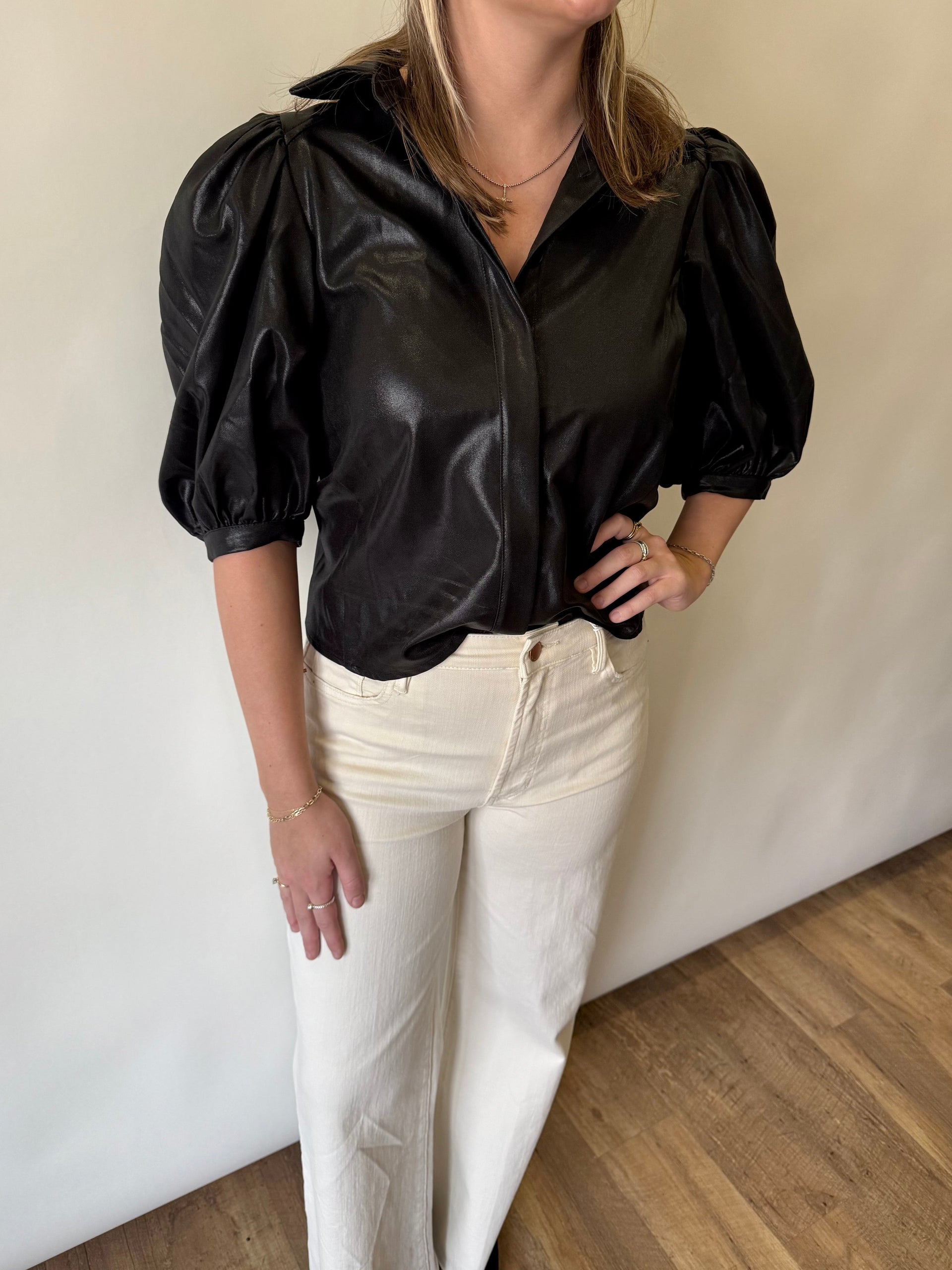 Coated Button Down Puff Sleeve Shirt Glam