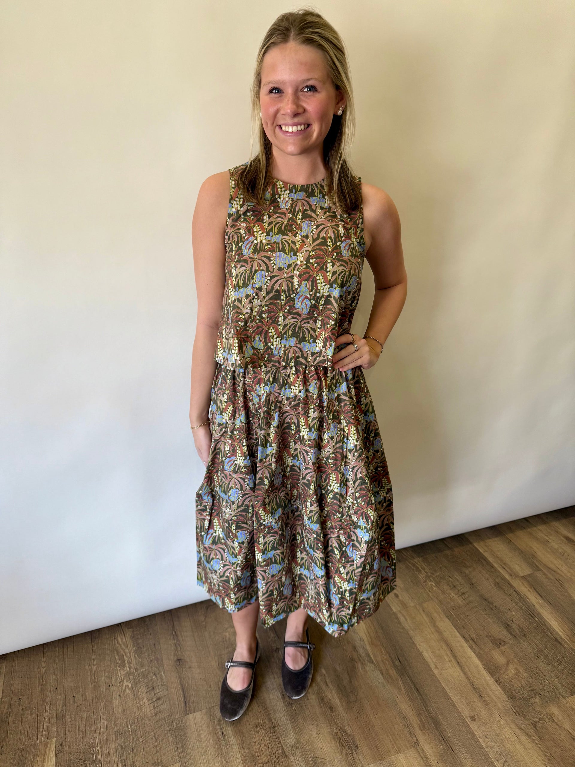 Print Pleated Midi Skirt Pinch