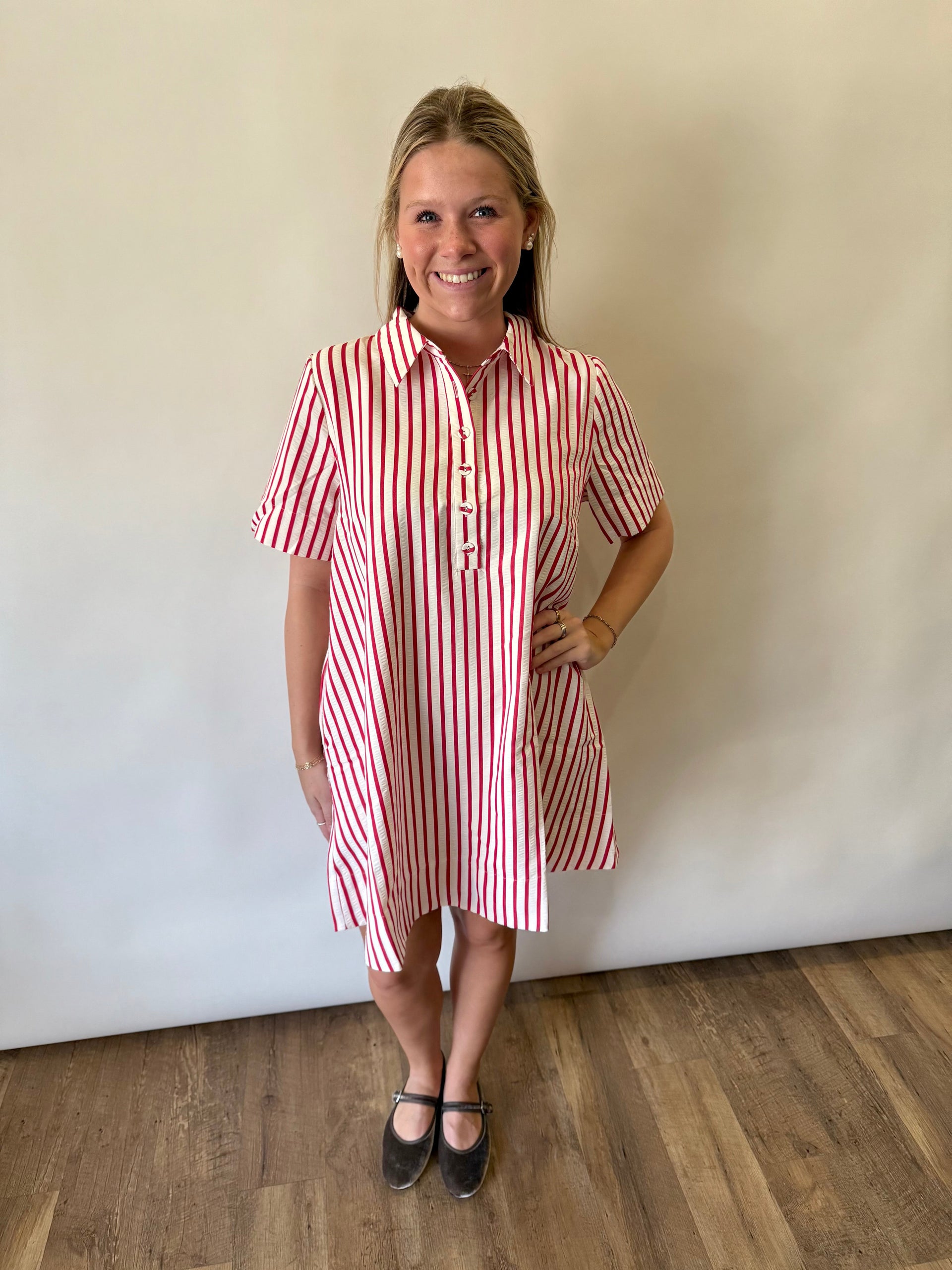Short Sleeve Striped Button Up Dress THML