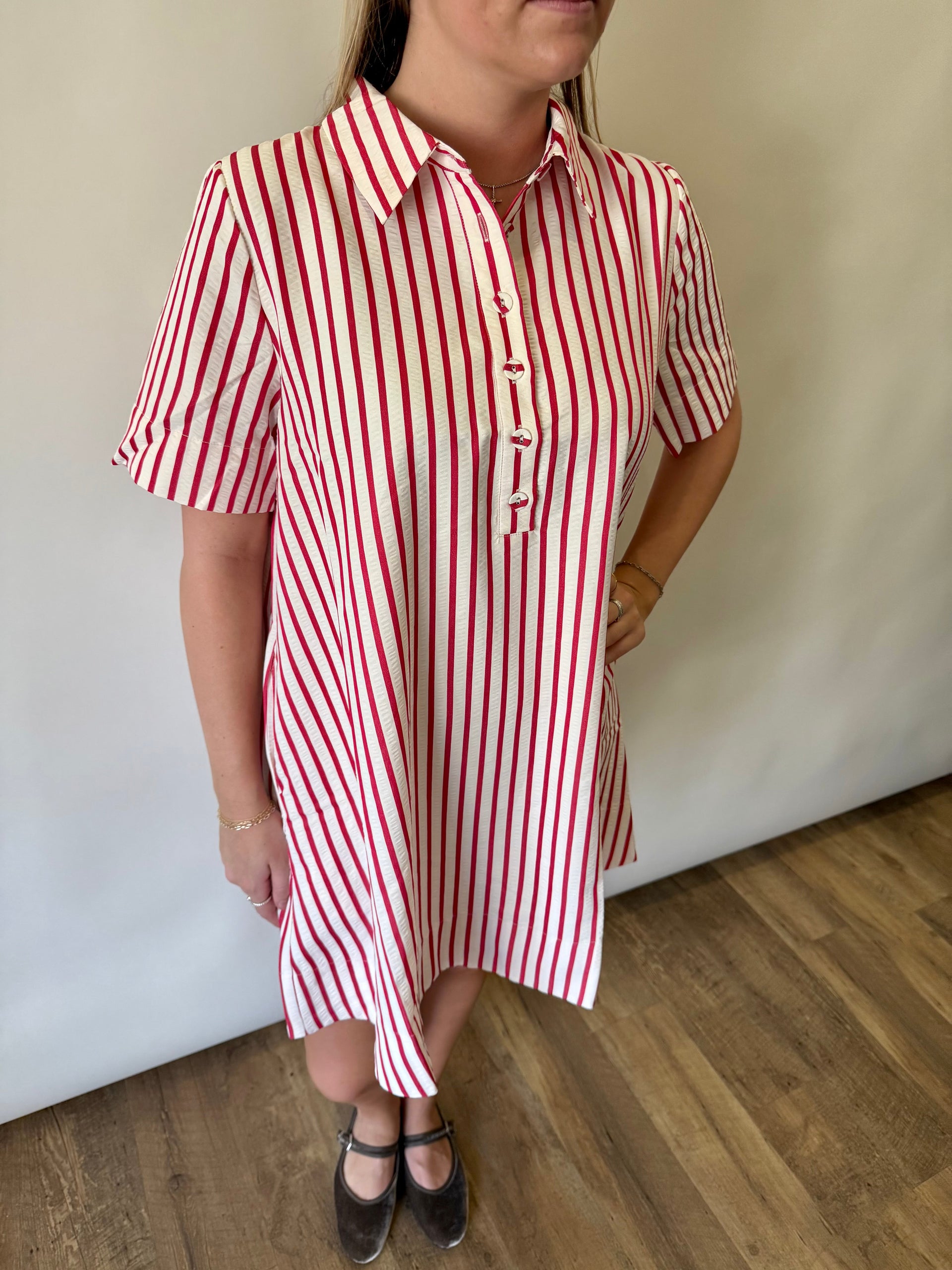 Short Sleeve Striped Button Up Dress THML