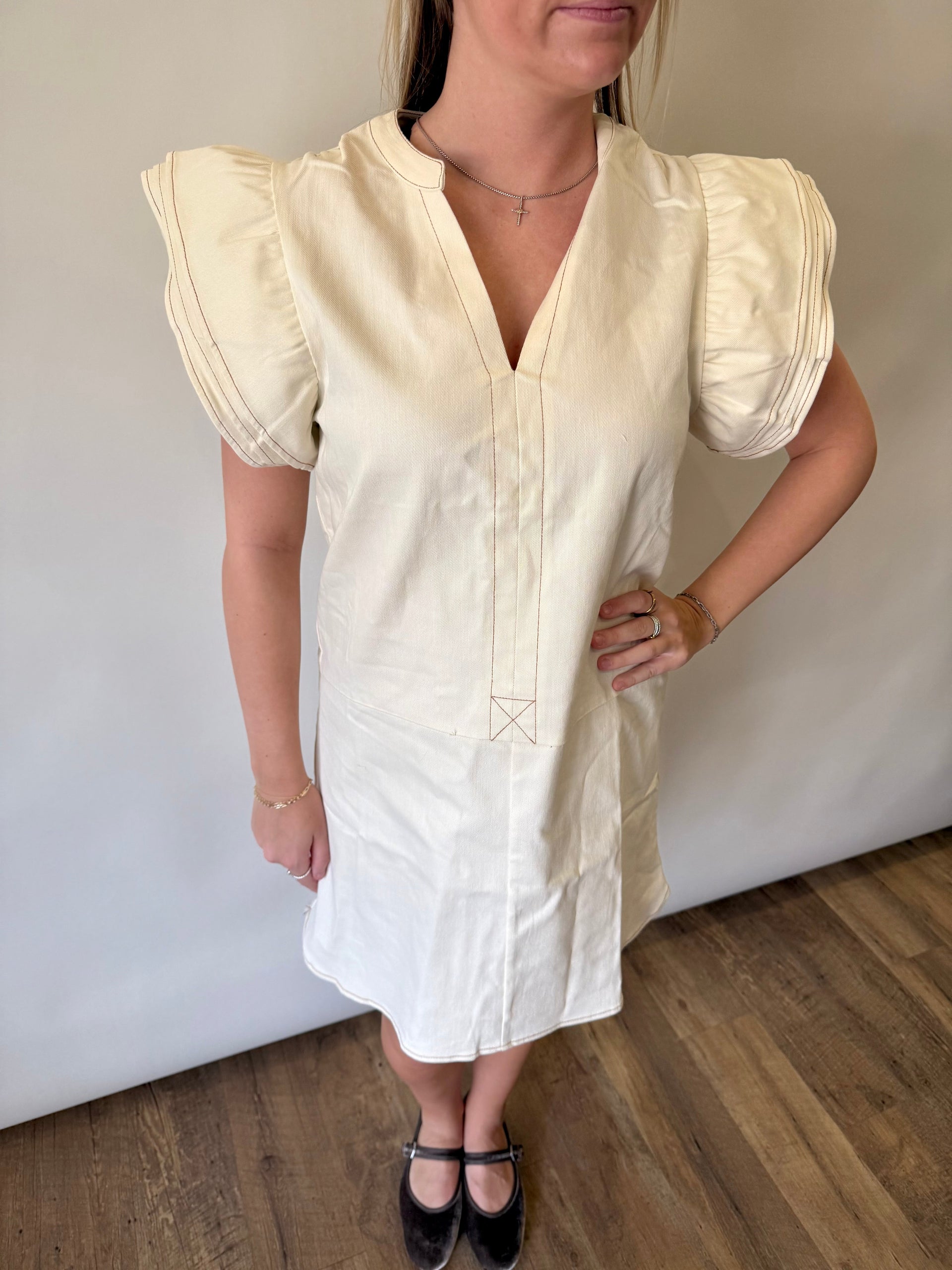 Flutter Sleeve V-Neck Dress THML