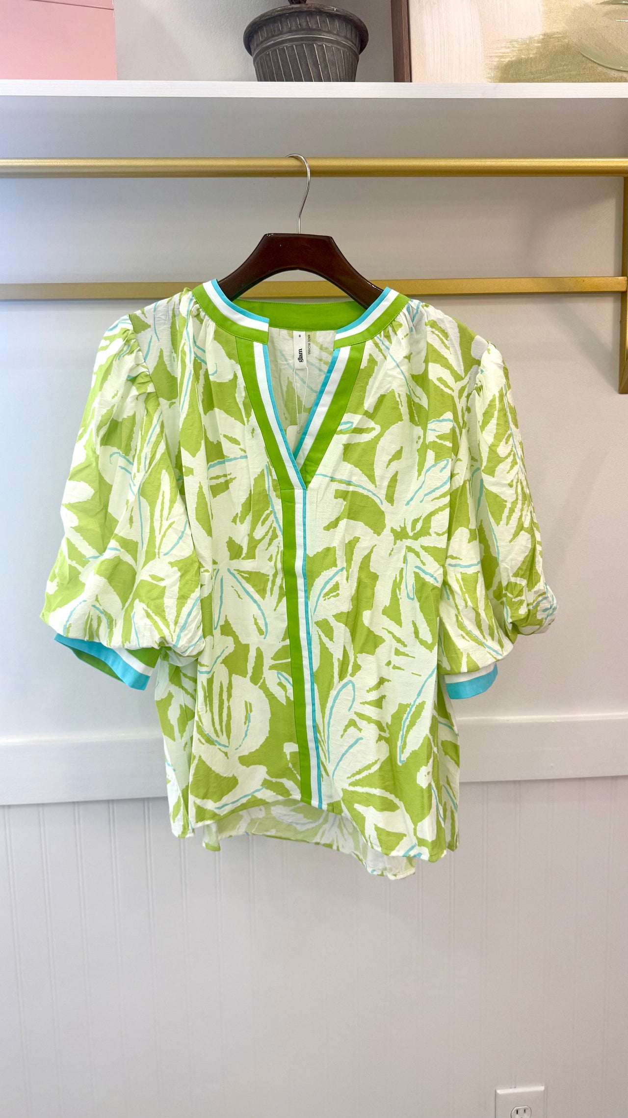 China Collar V-Neck Elbow Length Puff Sleeve Top Glam