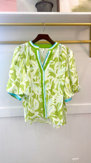 China Collar V-Neck Elbow Length Puff Sleeve Top Glam