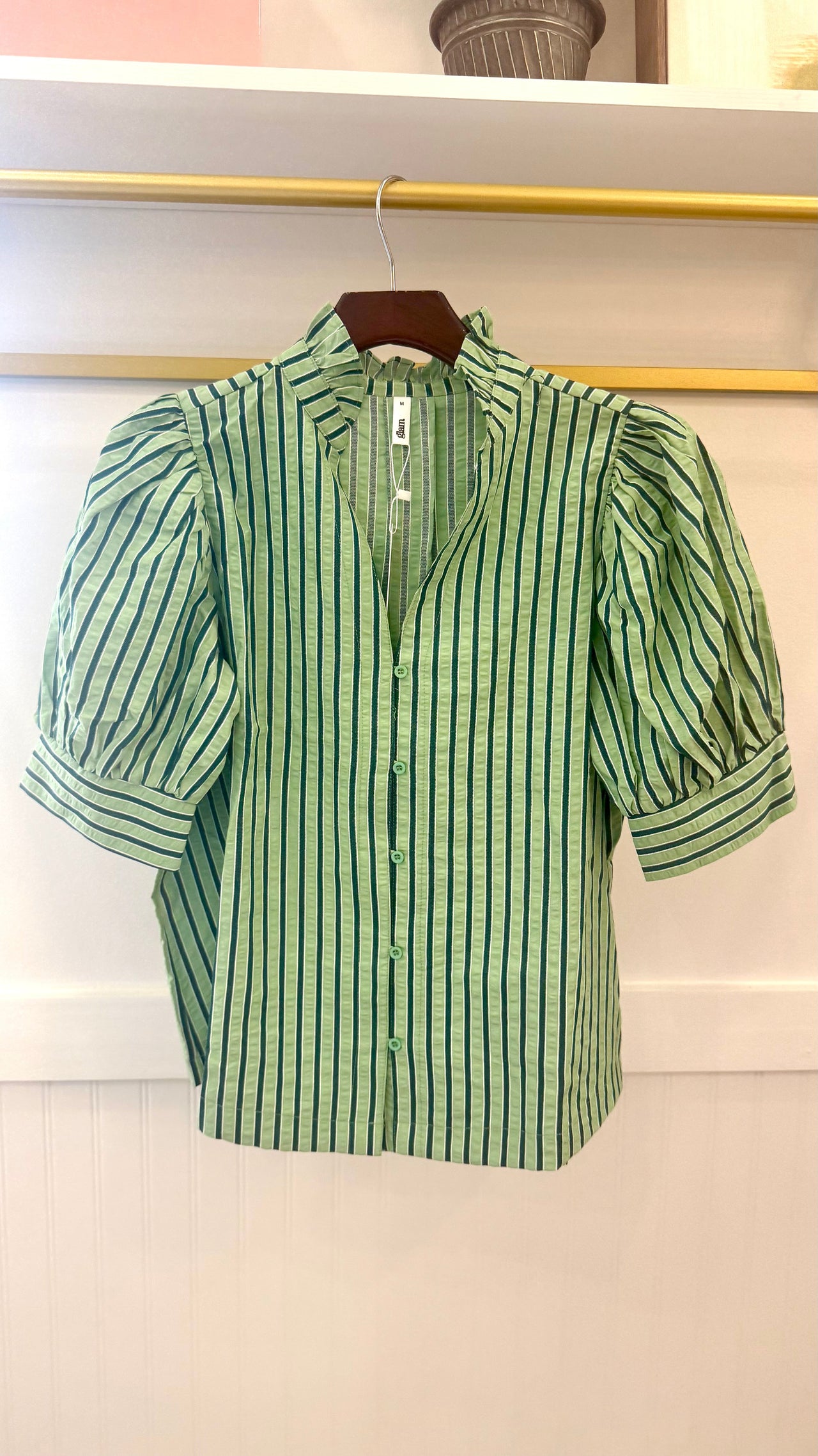 Ruffle V-Neck Puff Sleeve Button Down Shirt Glam