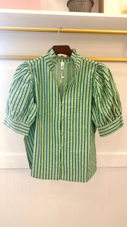 Ruffle V-Neck Puff Sleeve Button Down Shirt Glam